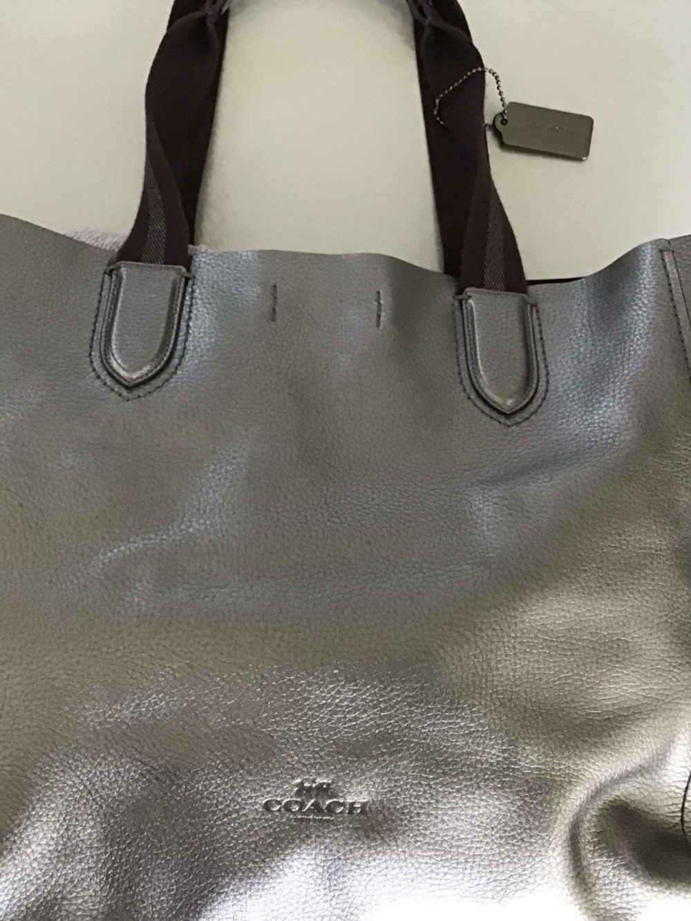 Coach Gunmetal Metallic Large Leather Tote with Dark Brown Straps EUC - Picture 4 of 13